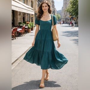 NWT LA LIGNE Jemima Tiered Smoked Midi Dress in Teal Sz XS